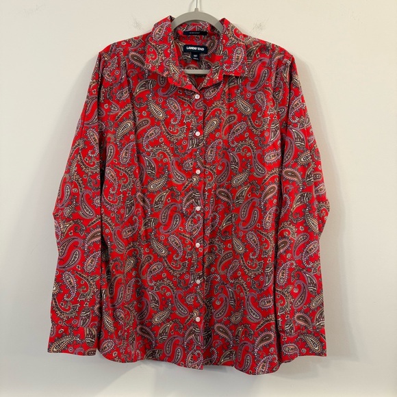 Lands' End Red Paisley Print no iron supima button up long sleeve top size 18T - Picture 1 of 5